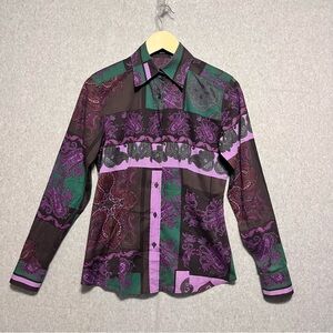 ETRO Shirt Womens 42 Paisley Button Up Long Sleeve Stretch Cotton Purple Italy